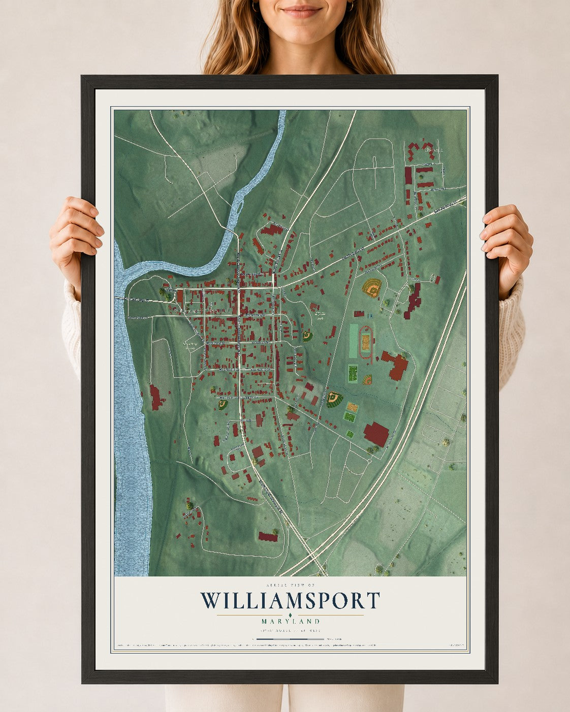 Map of Williamsport, Maryland, 24 x 36 inch print in a black wood frame