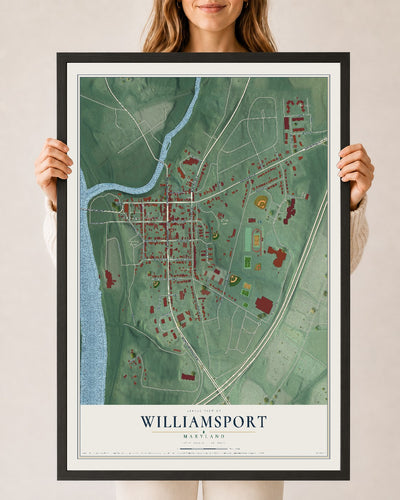Map of Williamsport, Maryland, 24 x 36 inch print in a black wood frame