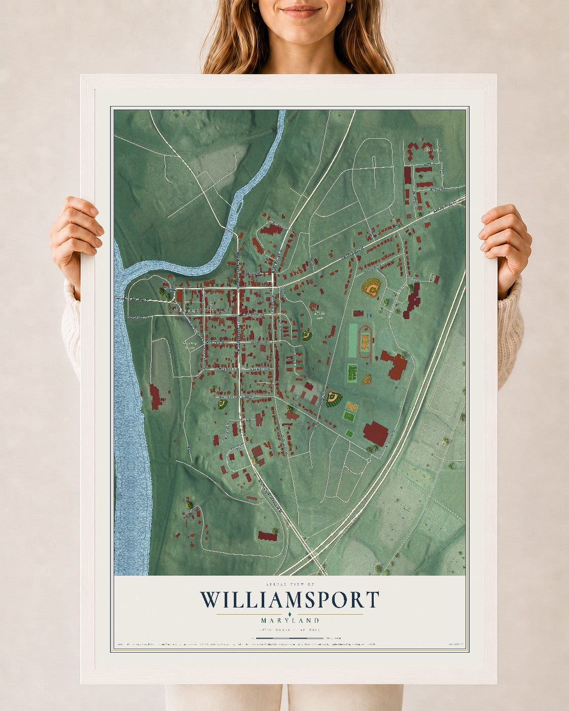 Map of Williamsport, Maryland, 24 x 36 inch print in a white wood frame