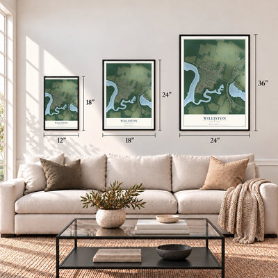 Williston, Maryland map in 12 x 18, 18 x 24 and 24 x 36 inch sizes above a sofa