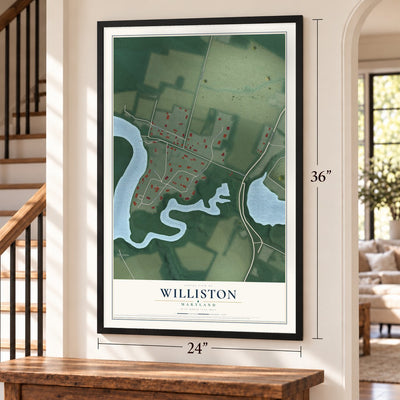 Williston, Maryland map, 24 x 36 inch print in a black frame by a staircase