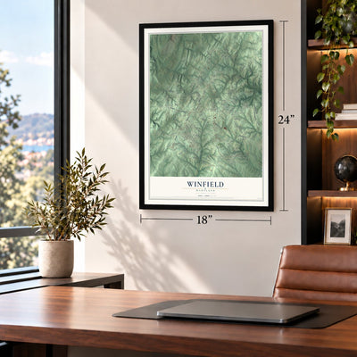 Winfield, Maryland map, 18 x 24 inch print in a black frame in a home office