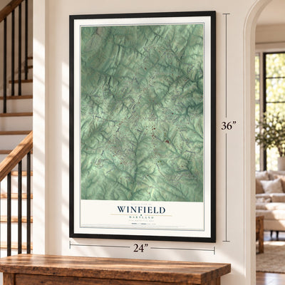 Winfield, Maryland map, 24 x 36 inch print in a black frame by a staircase