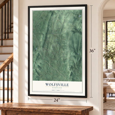 Wolfsville, Maryland map, 24 x 36 inch print in a black frame by a staircase