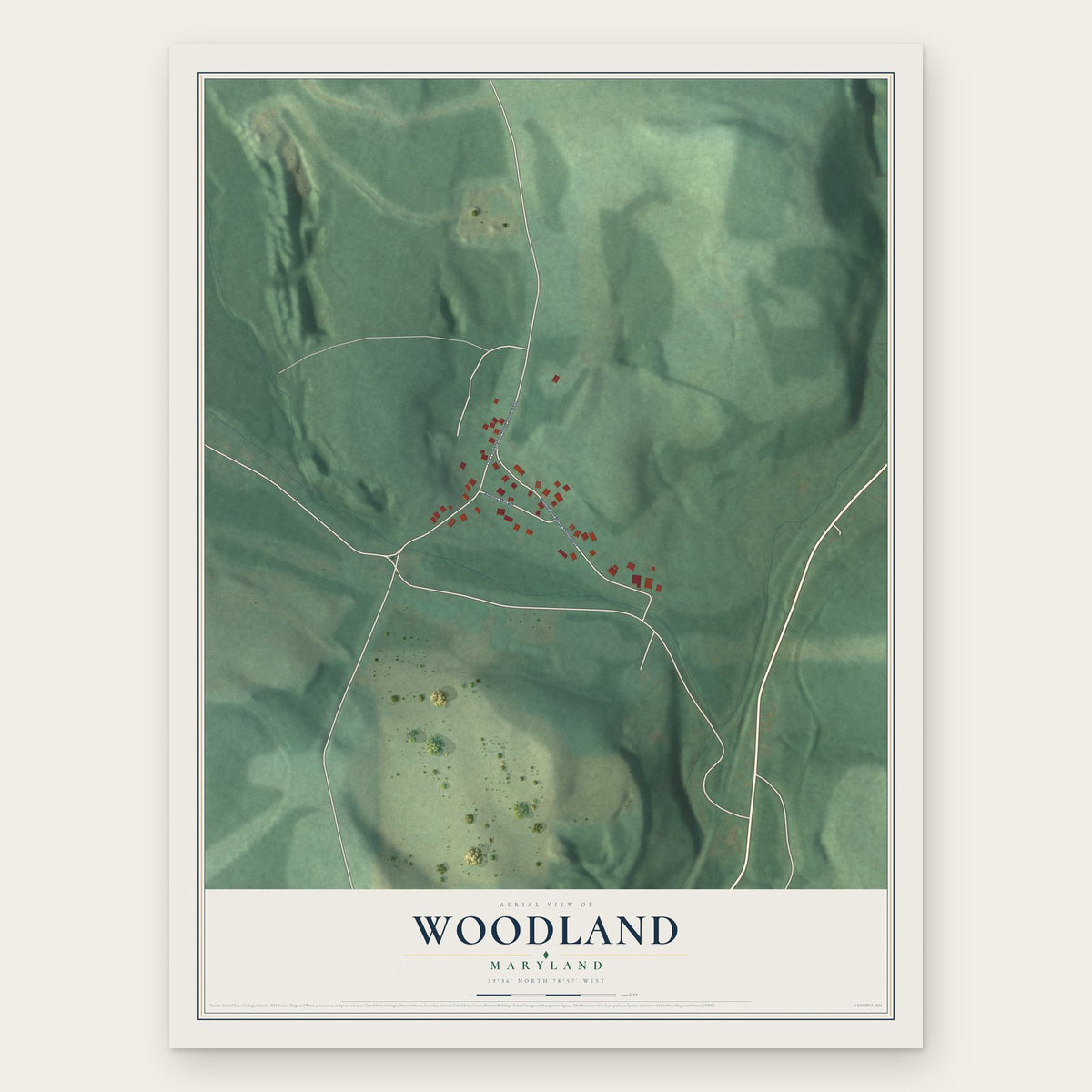 Woodland, Maryland map print, the full design