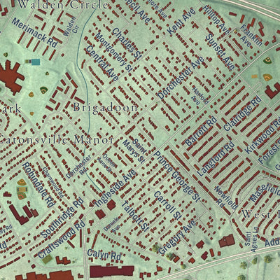 Close-up of the map of Woodlawn, Maryland print showing street and building detail