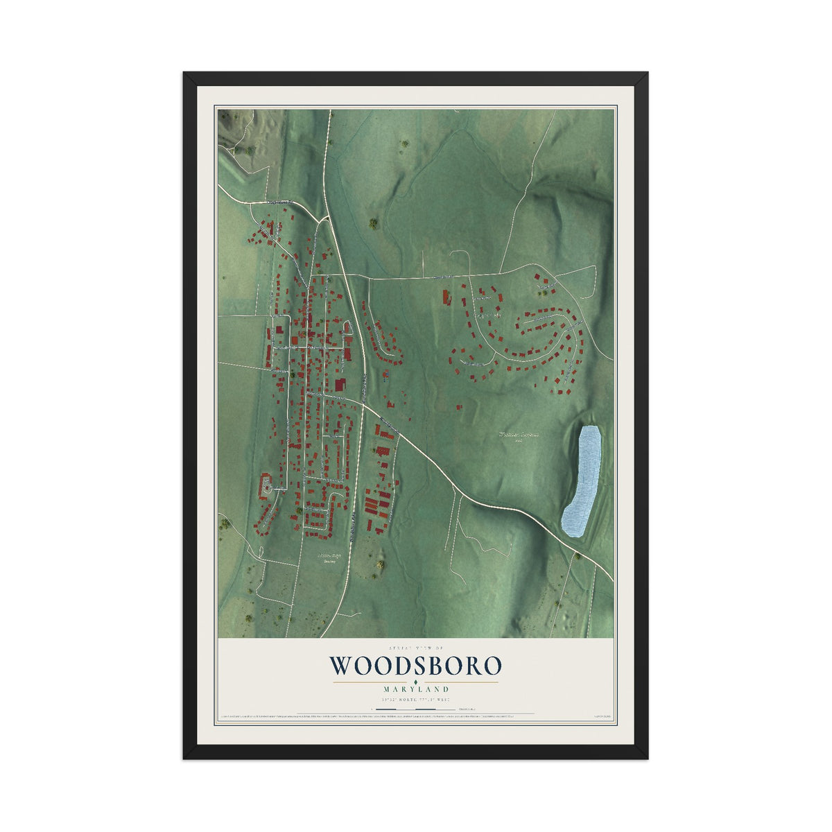 Map of Woodsboro, Maryland, 12 x 18 inch print in a black wood frame