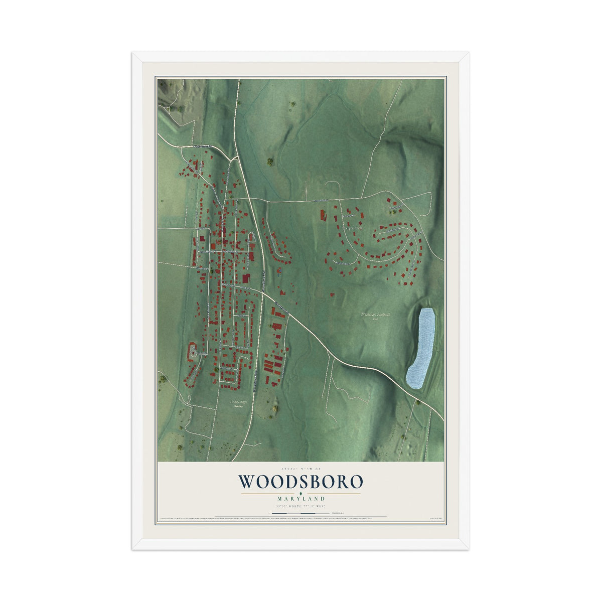 Map of Woodsboro, Maryland, 12 x 18 inch print in a white wood frame
