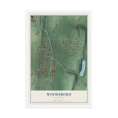 Map of Woodsboro, Maryland, 12 x 18 inch print in a white wood frame