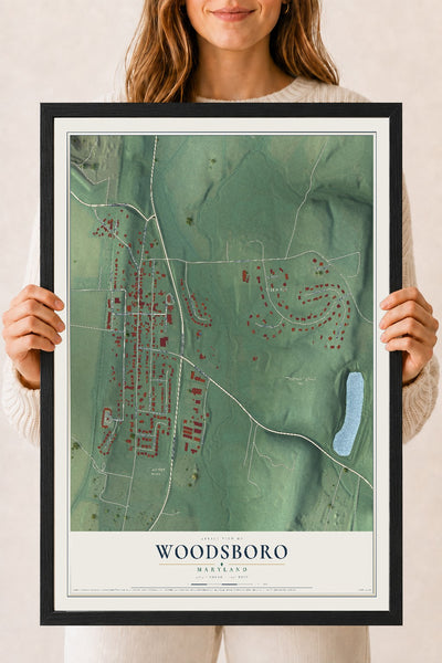 Map of Woodsboro, Maryland, 18 x 24 inch print in a black wood frame