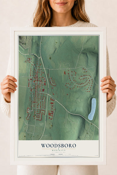 Map of Woodsboro, Maryland, 18 x 24 inch print in a white wood frame