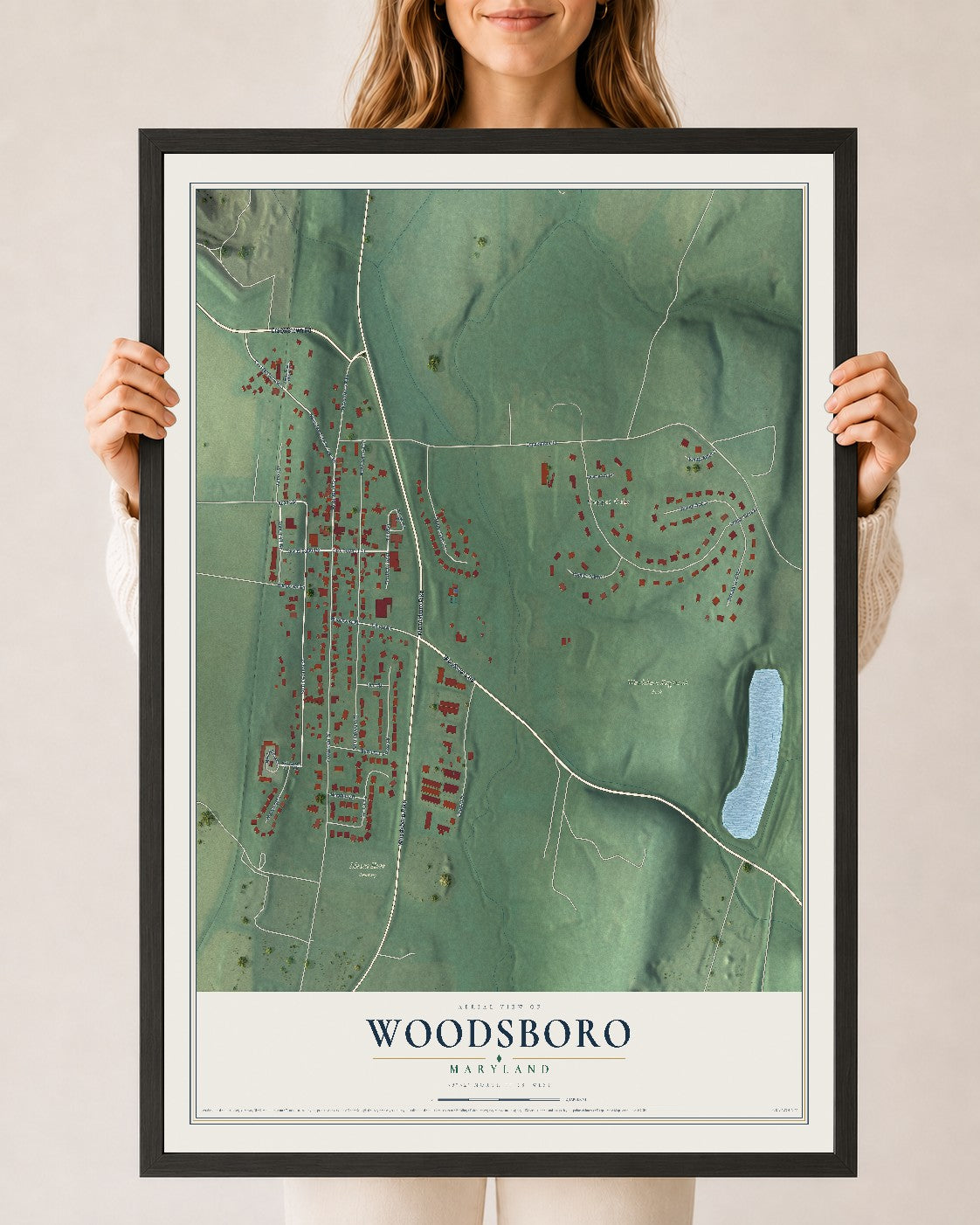 Map of Woodsboro, Maryland, 24 x 36 inch print in a black wood frame