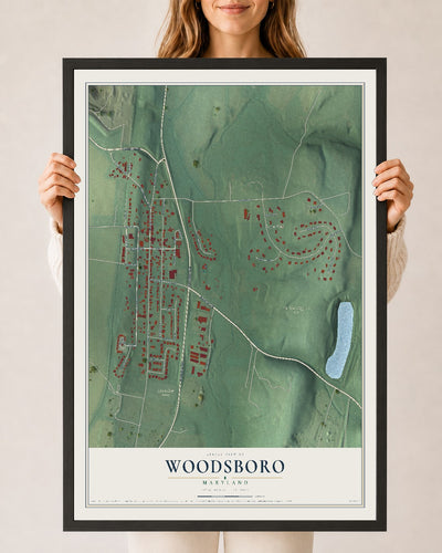 Map of Woodsboro, Maryland, 24 x 36 inch print in a black wood frame