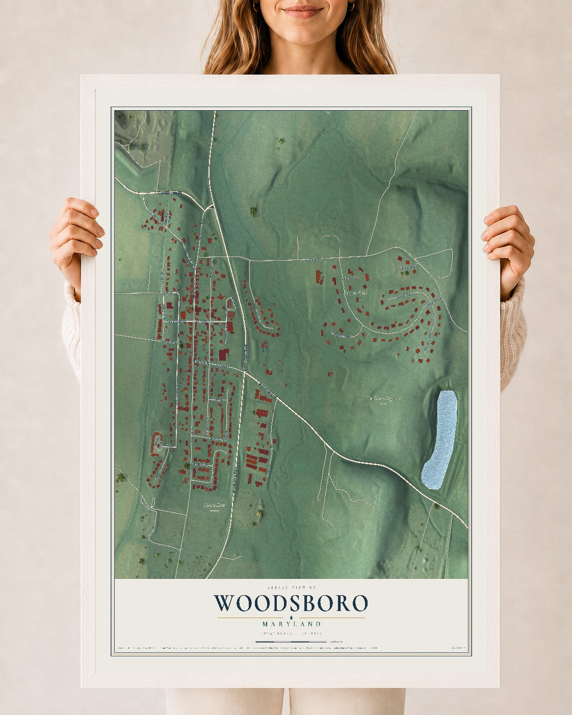 Map of Woodsboro, Maryland, 24 x 36 inch print in a white wood frame