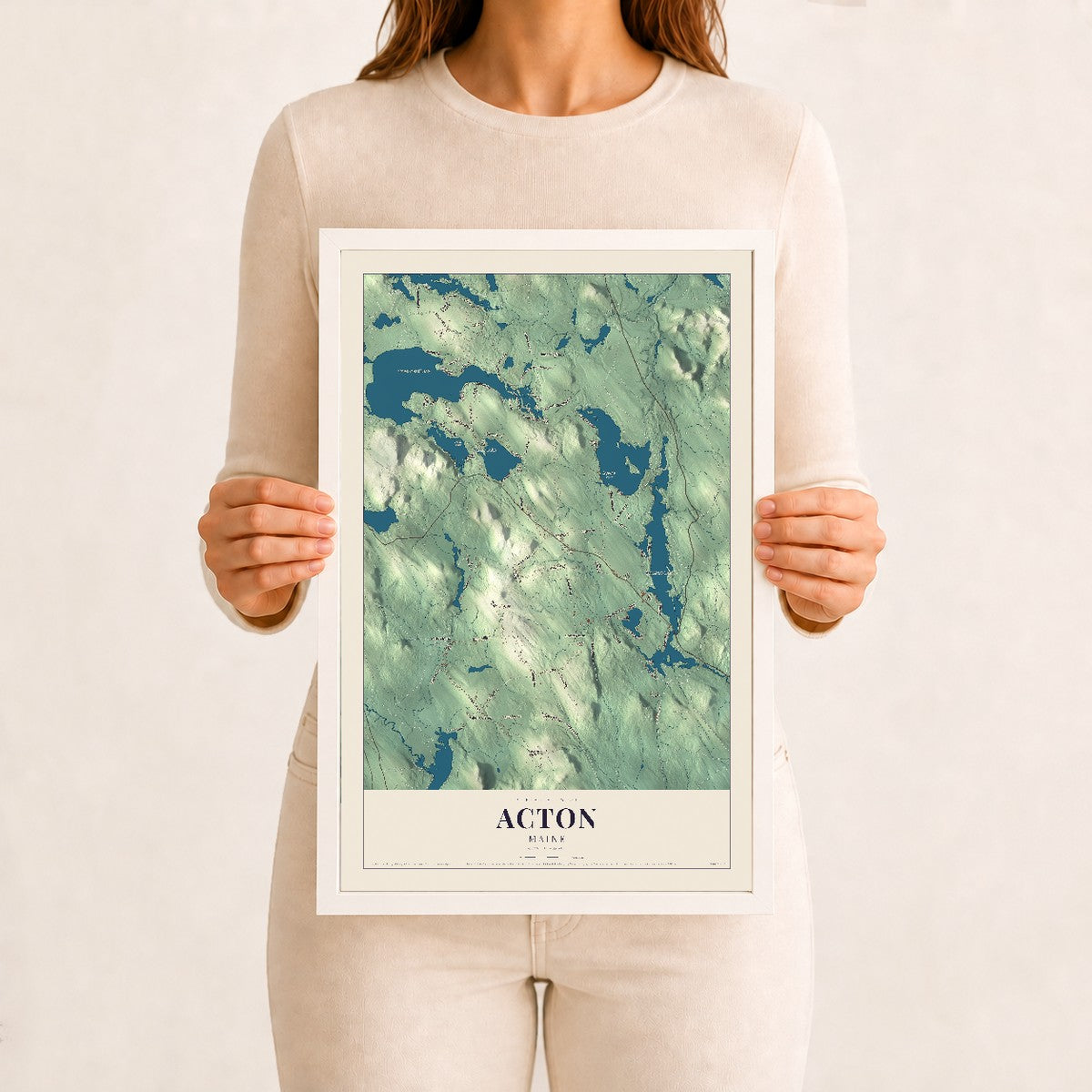 Acton, Maine map print - 12 x 18 white Ayous wood frame