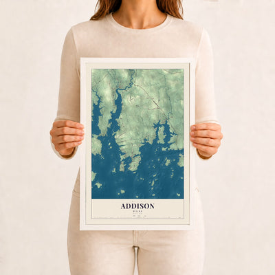 Addison, Maine map print - 12 x 18 white Ayous wood frame