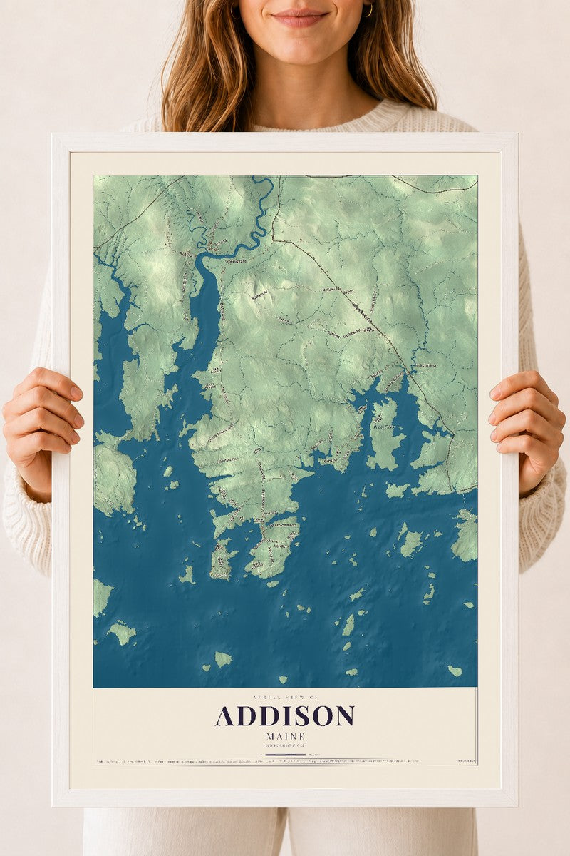 Addison, Maine map print - 18 x 24 white Ayous wood frame