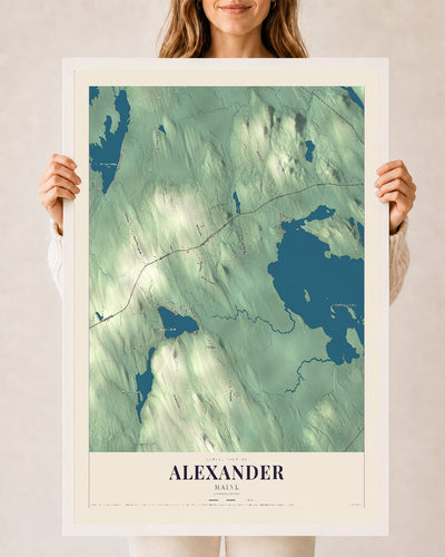 Alexander, Maine map print - 24 x 36 white Ayous wood frame