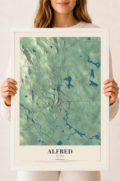Alfred, Maine map print - 18 x 24 white Ayous wood frame