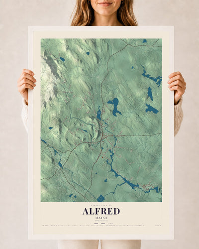 Alfred, Maine map print - 24 x 36 white Ayous wood frame