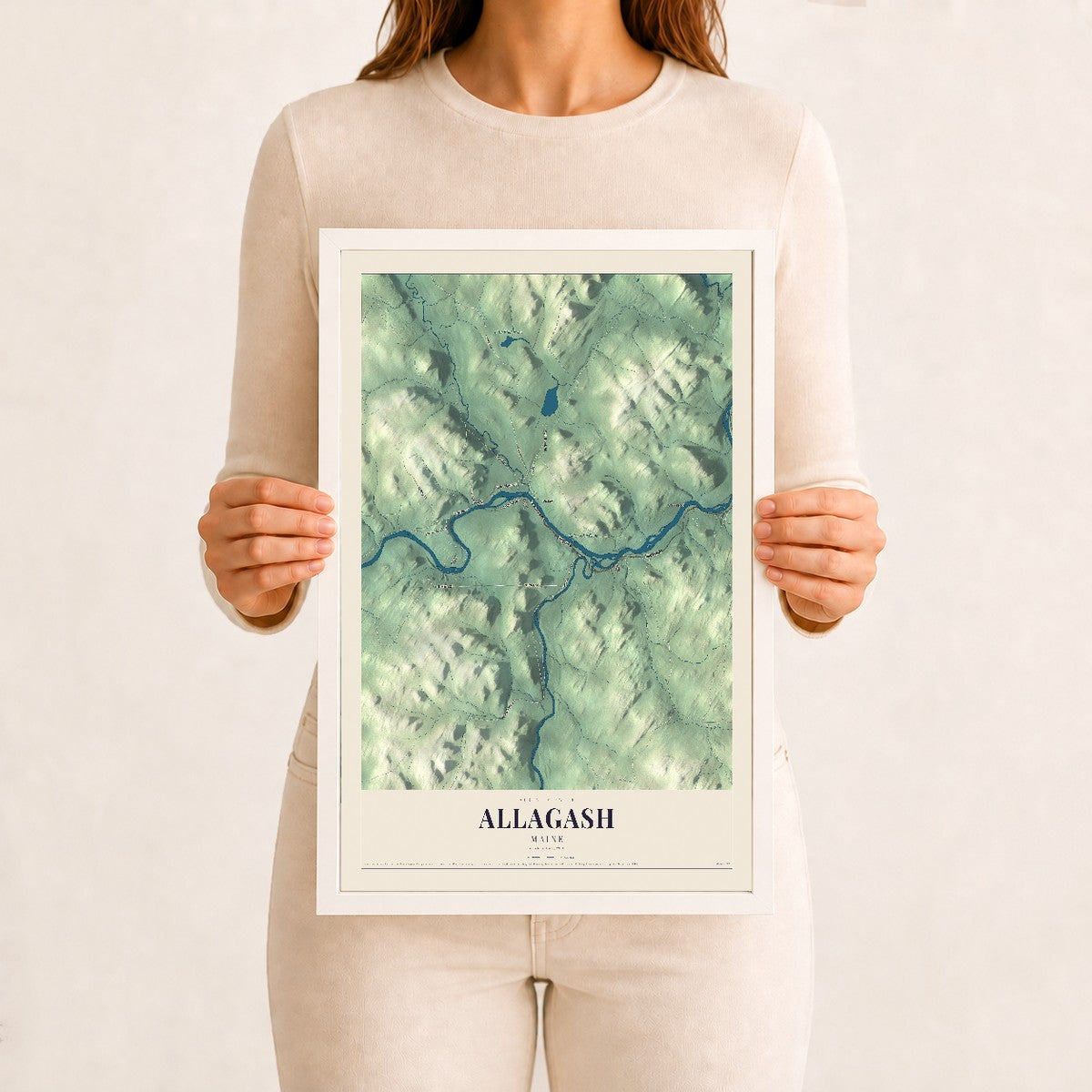 Allagash, Maine map print - 12 x 18 white Ayous wood frame