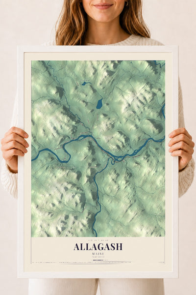 Allagash, Maine map print - 18 x 24 white Ayous wood frame