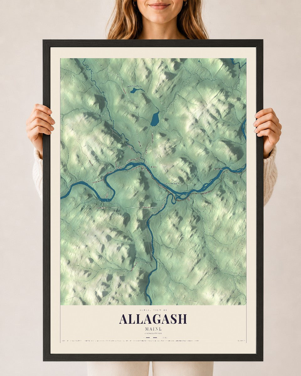 Allagash, Maine map print - 24 x 36 black Ayous wood frame