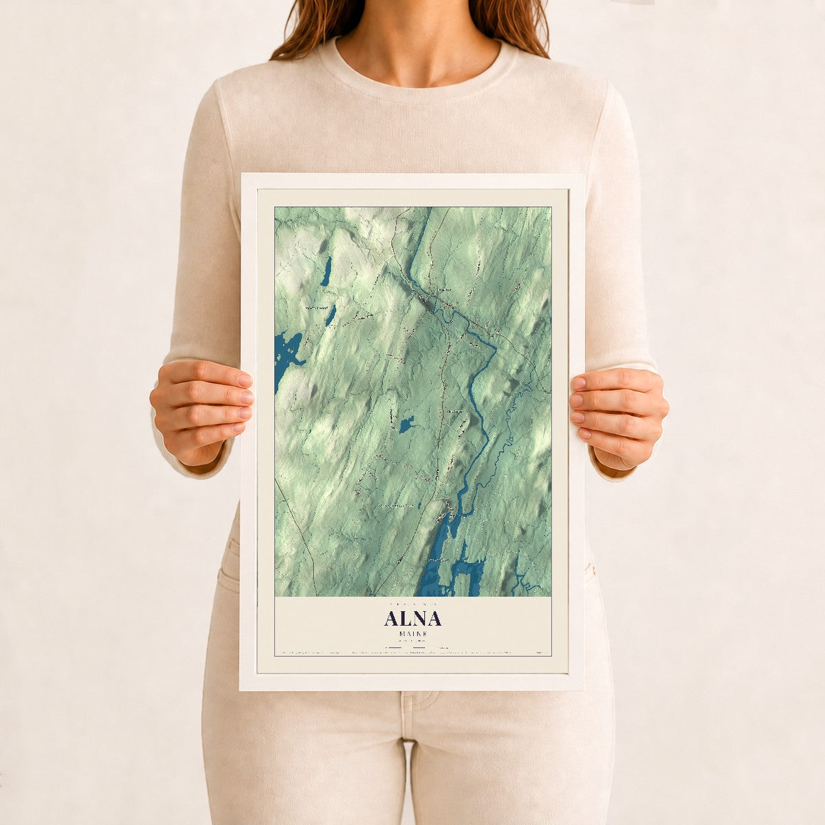Alna, Maine map print - 12 x 18 white Ayous wood frame