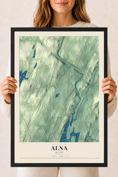 Alna, Maine map print - 18 x 24 black Ayous wood frame