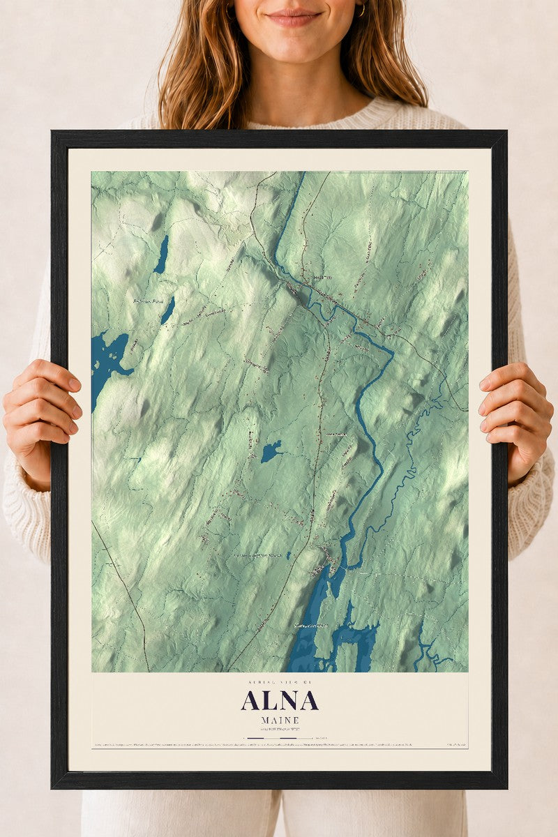 Alna, Maine map print - 18 x 24 black Ayous wood frame