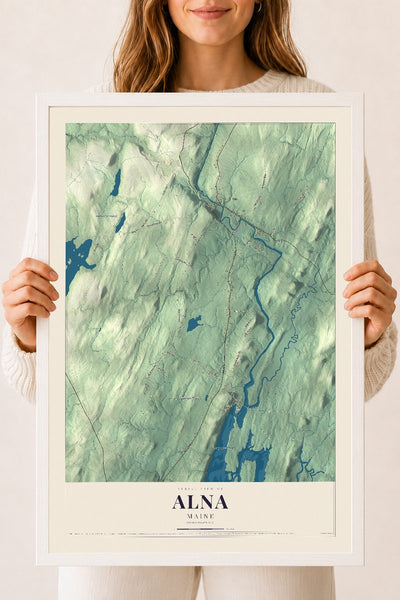 Alna, Maine map print - 18 x 24 white Ayous wood frame