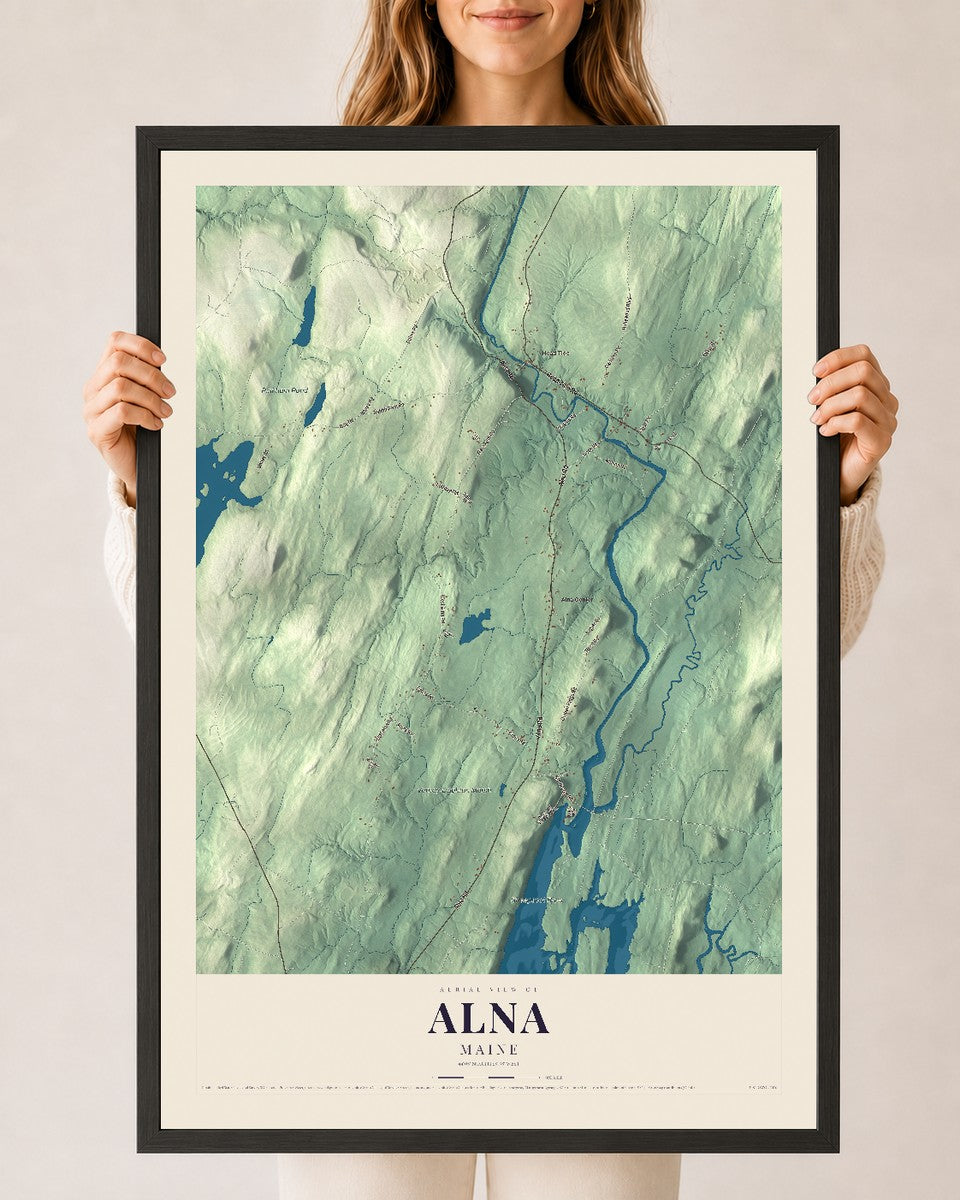 Alna, Maine map print - 24 x 36 black Ayous wood frame