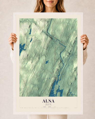 Alna, Maine map print - 24 x 36 white Ayous wood frame