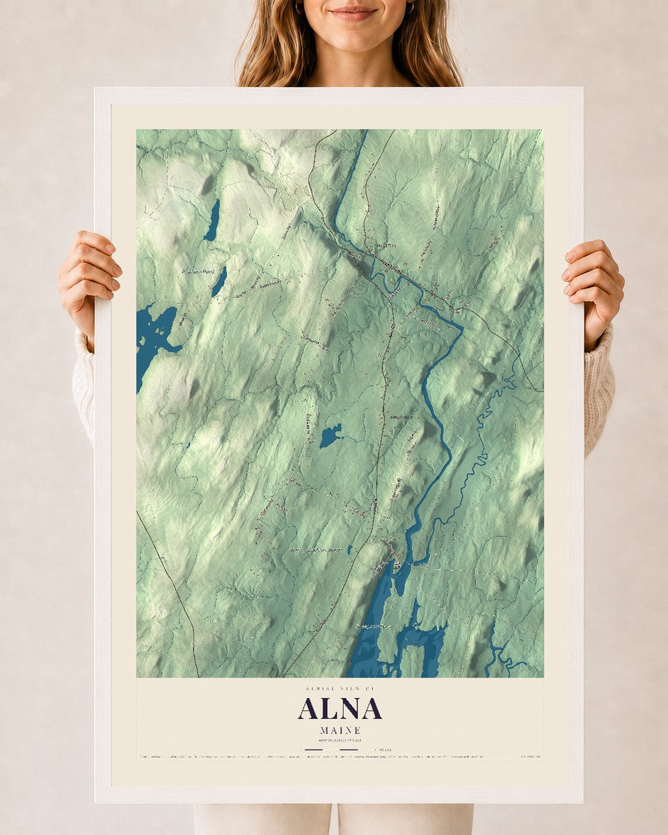 Alna, Maine map print - 24 x 36 white Ayous wood frame