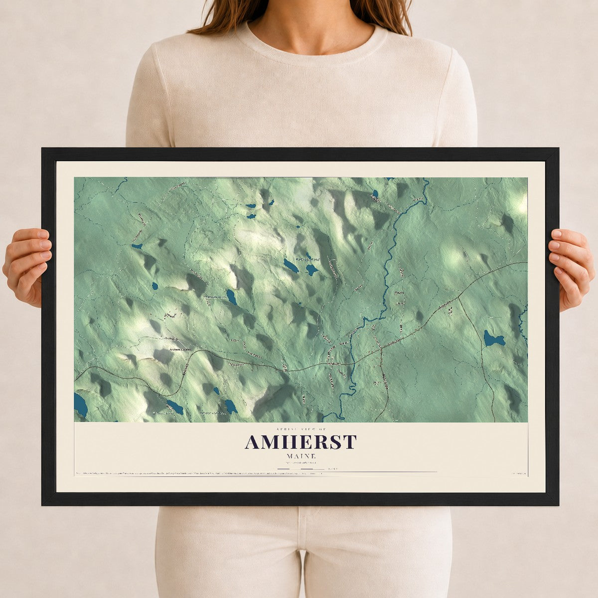 Amherst, Maine map print - 12 x 18 black Ayous wood frame