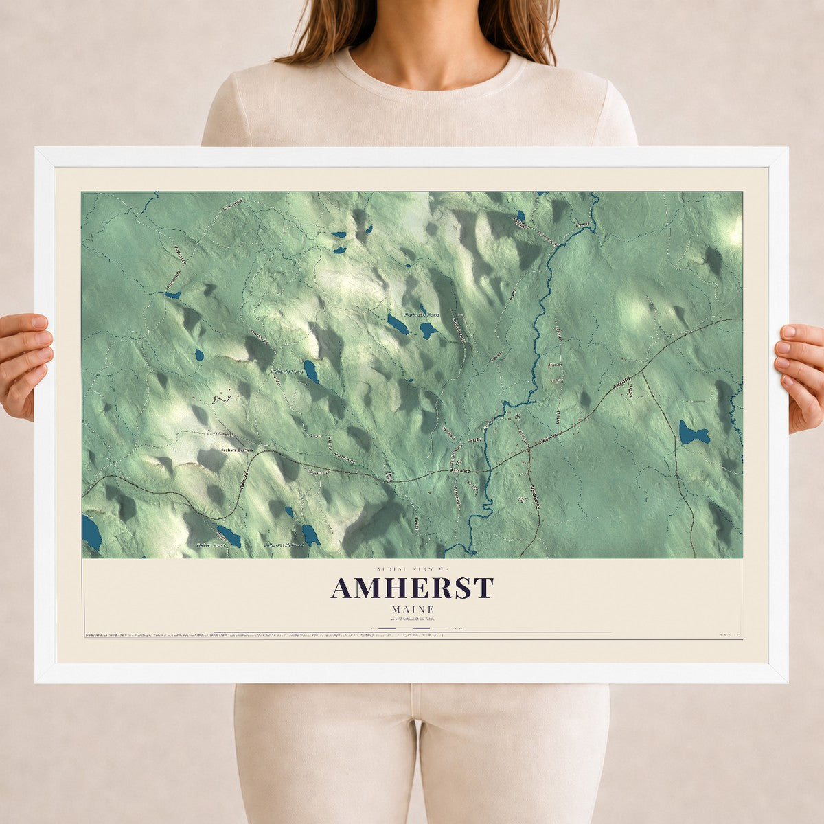 Amherst, Maine map print - 18 x 24 white Ayous wood frame