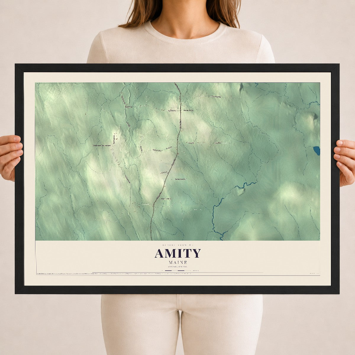 Amity, Maine map print - 18 x 24 black Ayous wood frame