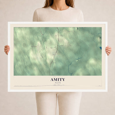 Amity, Maine map print - 24 x 36 white Ayous wood frame