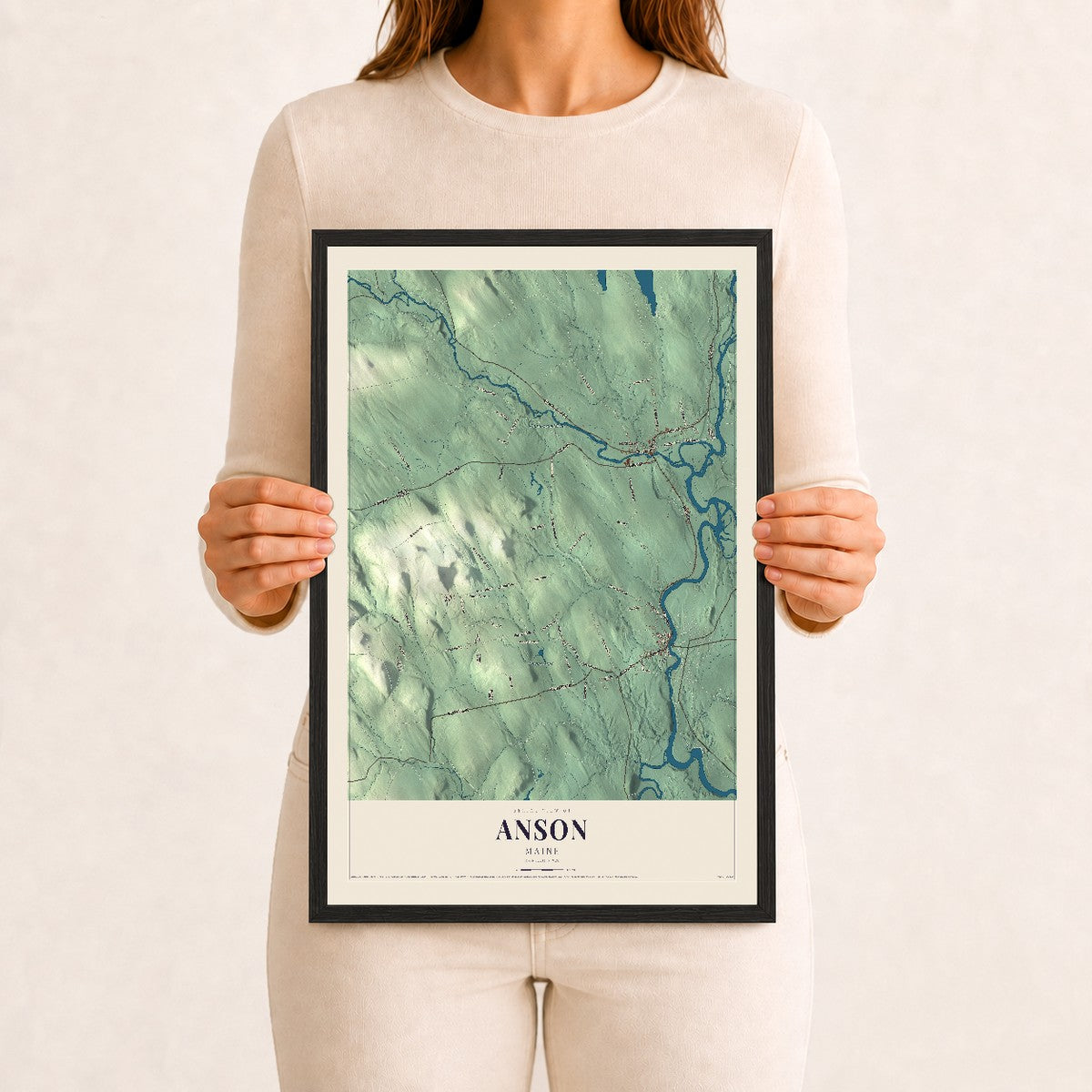 Anson, Maine map print - 12 x 18 black Ayous wood frame