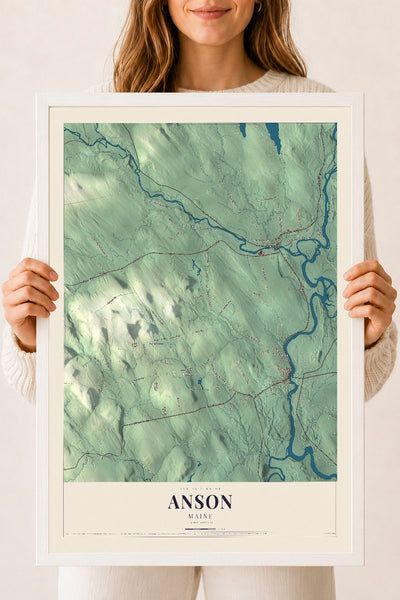 Anson, Maine map print - 18 x 24 white Ayous wood frame