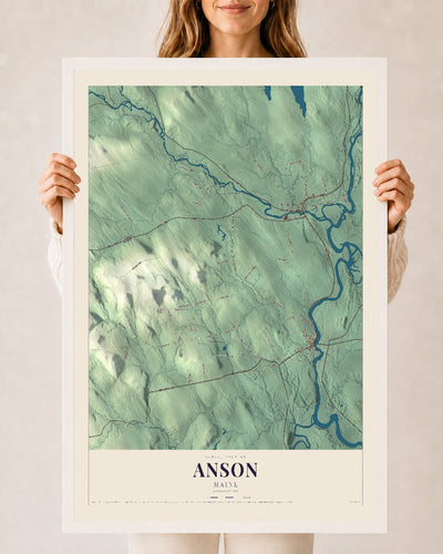 Anson, Maine map print - 24 x 36 white Ayous wood frame
