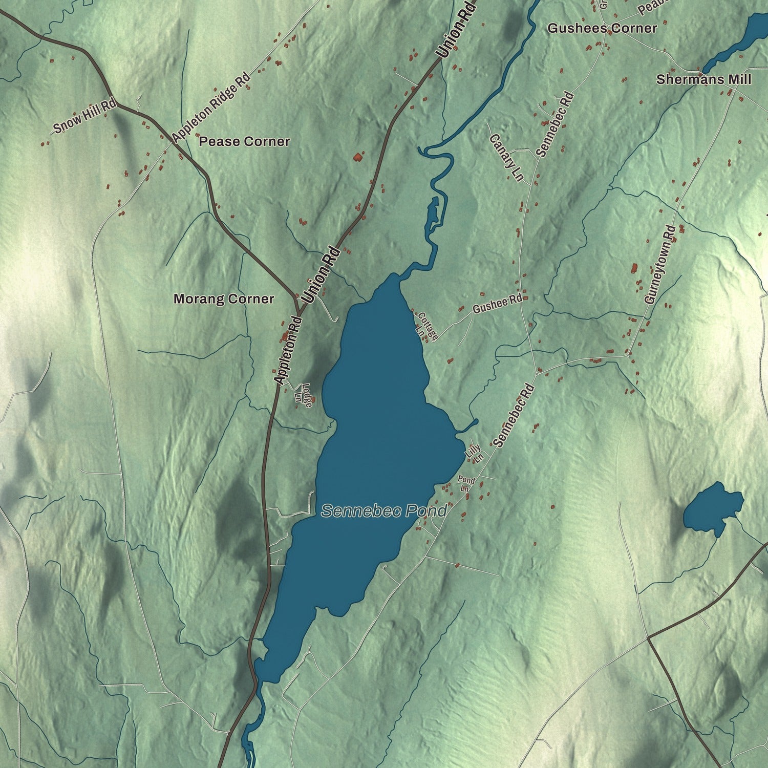 Terrain and local geography detail from the Appleton, Maine map