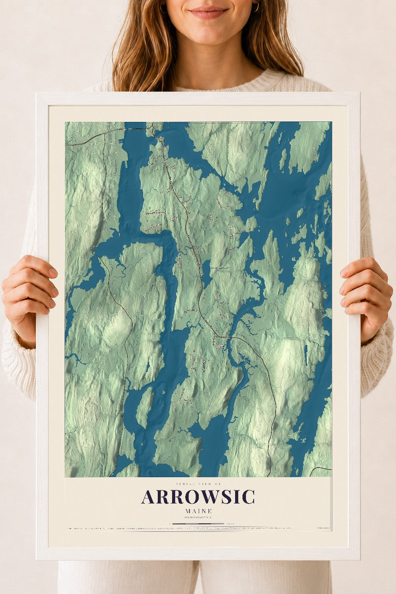 Arrowsic, Maine map print - 18 x 24 white Ayous wood frame