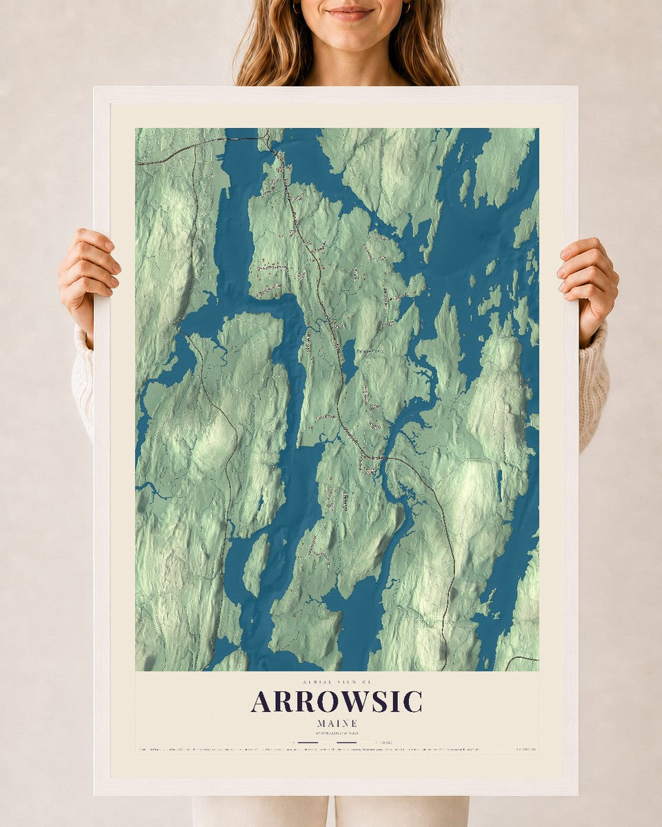 Arrowsic, Maine map print - 24 x 36 white Ayous wood frame