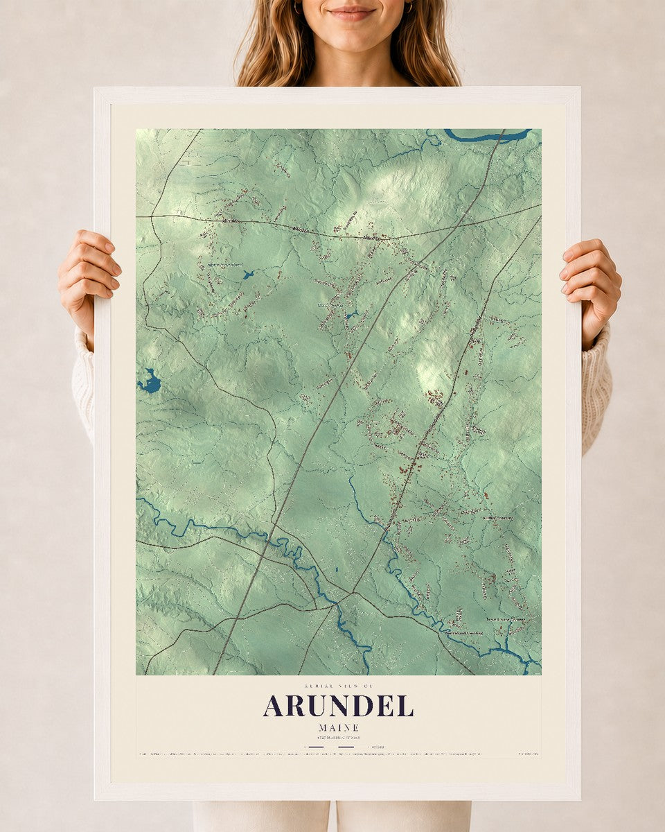Arundel, Maine map print - 24 x 36 white Ayous wood frame