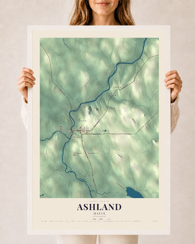 Ashland, Maine map print - 24 x 36 white Ayous wood frame