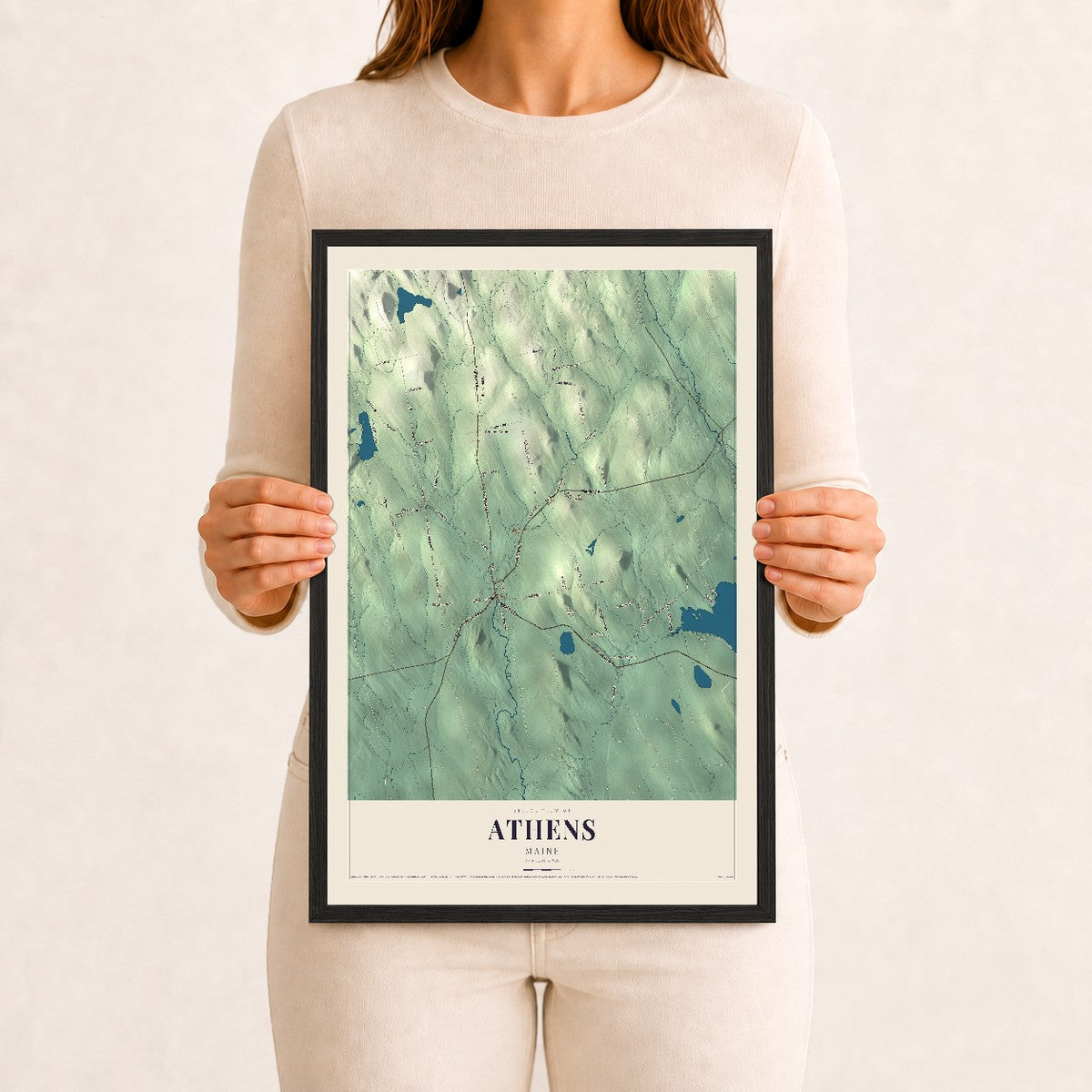Athens, Maine map print - 12 x 18 black Ayous wood frame
