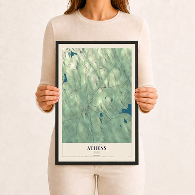 Athens, Maine map print - 12 x 18 black Ayous wood frame