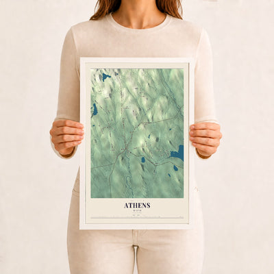 Athens, Maine map print - 12 x 18 white Ayous wood frame