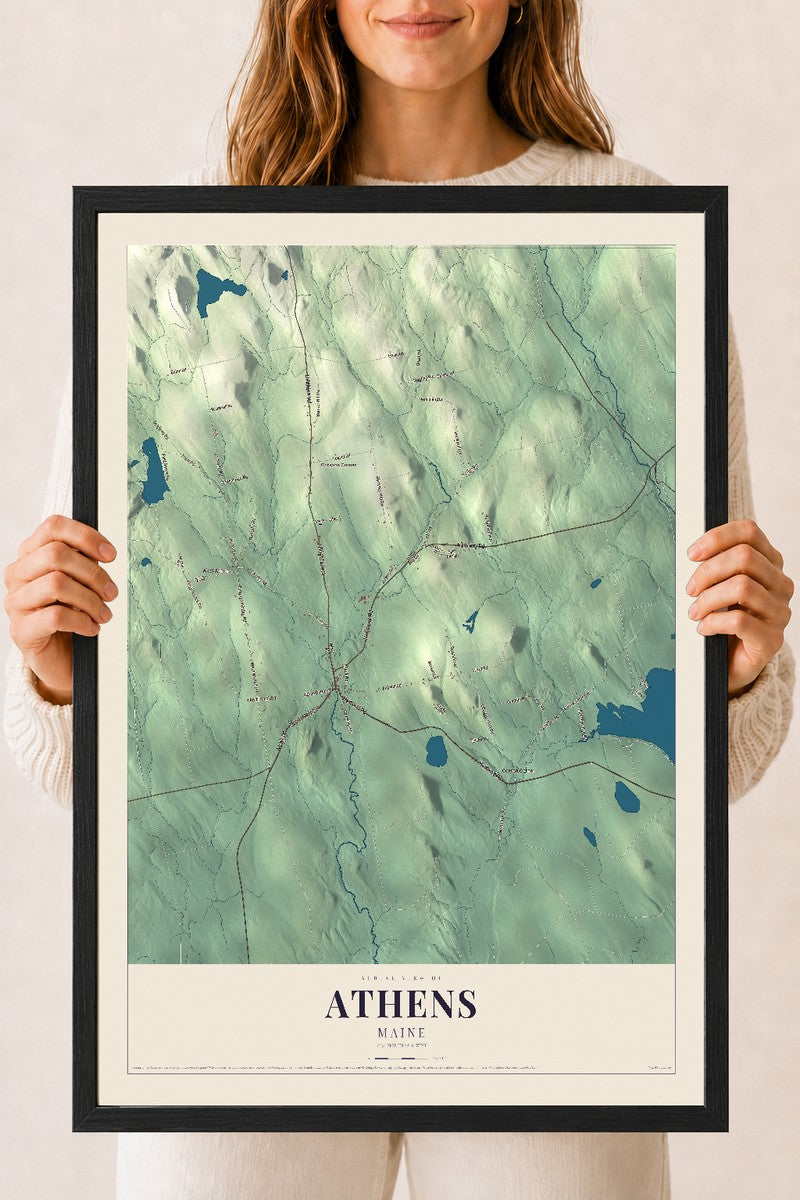 Athens, Maine map print - 18 x 24 black Ayous wood frame